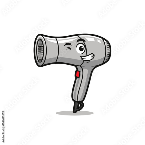 Cheerful grey hair dryer cartoon character with a winking face