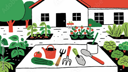Line art, home gardening. Gardening, simple illustrations