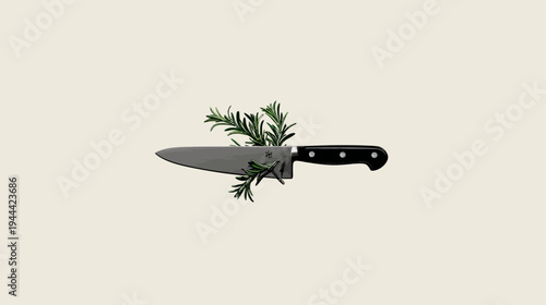 A chef's knife is adorned with sprigs of fresh rosemary against a neutral beige background