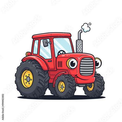 Cheerful red cartoon tractor with a happy face and smoking exhaust pipe