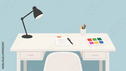 Desk work, note and pen. Simple illustration reminiscent of Scandinavia. Vector illustration. (No text) colorful