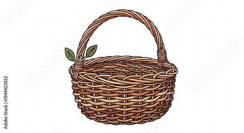 Woven wicker basket with handle and leaves on transparent background