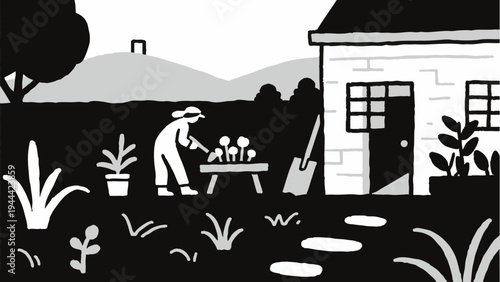 Line art, home gardening. Gardening, simple illustrations