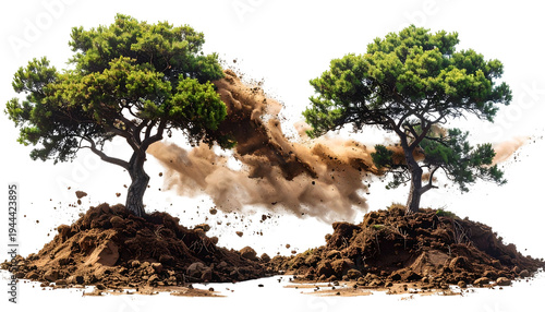 Two lush trees flank a swirling cloud of sand and dust amidst an earthen terrain