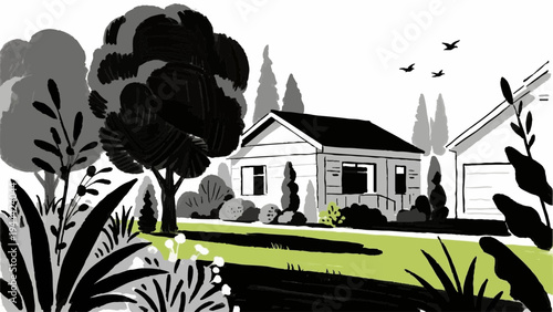 Line art, home gardening. Gardening, simple illustrations
