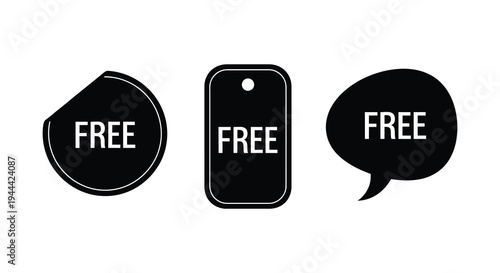 Three black speech bubbles and tags display the word free in a bold graphic presentation silhouette high quality professional detailed