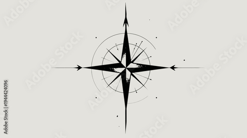 A simple, black compass rose graphic with arrows and a circle, on a light grey background