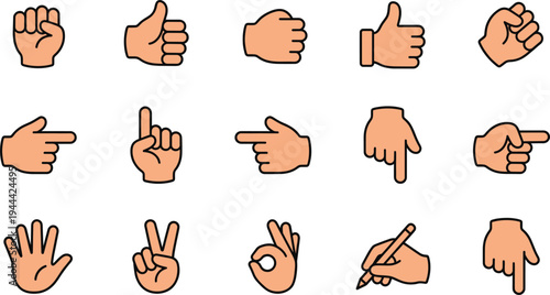 Hand Gesture Icon Set with Thumbs Up, Pointing Fingers, Victory Sign, OK Symbol, Writing Hand and Open Palm Signs for Communication UI Design