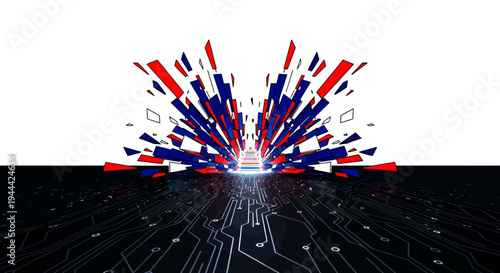 red blue and white abstract explosion on black circuit board background