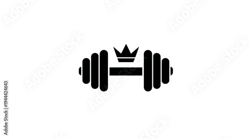 A black and white graphic featuring a barbell with a crown centered above it, against a white background