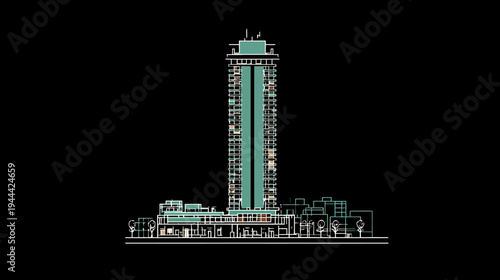 A detailed architectural line drawing of a towering skyscraper and surrounding structures