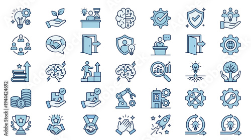Professional icon set for business, innovation, growth, strategy, leadership, technology, finance, teamwork, success, creative development, startup concepts, corporate management, blue, icons, vector