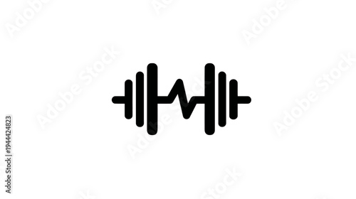 Black graphic of a barbell with a cardiogram-like line running through the center