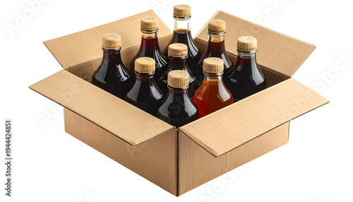 Cardboard box filled with eight dark glass bottles with wooden-looking caps