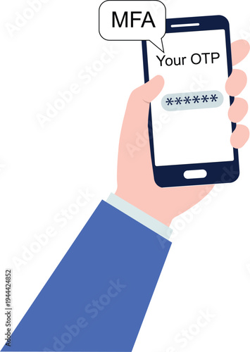 Hand holding smartphone displaying OTP code OTP  One time password and security symbol. Mobile phone with password sign. Mobile security token symbols