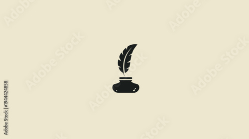 A black quill pen resting in an inkwell against a neutral-colored background