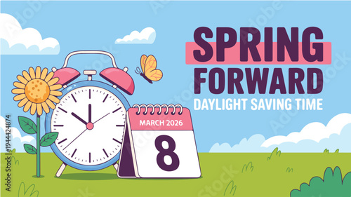 Spring-themed daylight saving time illustration with alarm clock, sunflower, calendar, and butterfly in flat minimalist style on bright background