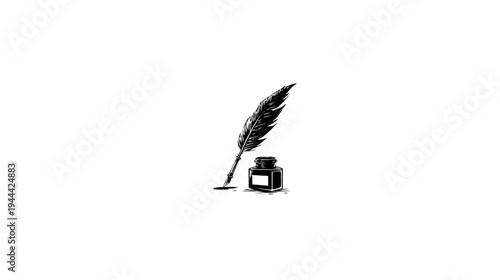 A monochrome illustration of a quill pen dipped in ink, depicting writing essentials
