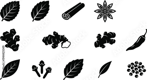 Herbs and Spices Silhouette Icon Collection with Cinnamon Stick, Star Anise, Chili Pepper, Cloves, Leaves and Ginger Roots for Cooking and Organic Food Design