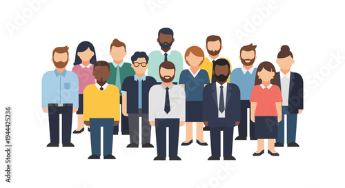 Diverse Business Team Illustration: Professional Group of Multi-Ethnic Employees Standing Together, Representing Teamwork, Unity, and Global Workforce
