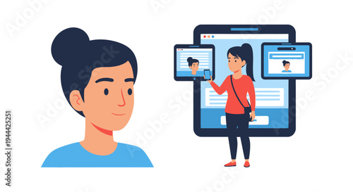 Digital Identity & Online Profile Management: Woman Interacting with Avatars Across Multiple Devices