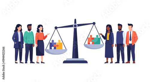 Workplace Diversity, Equity, and Inclusion (DEI) Concept: Diverse Business Teams Achieve Balance and Collaboration with Puzzle Pieces on Scale