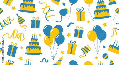 Festive Birthday Pattern: Cakes, Gifts, Balloons, Confetti, Party Hats