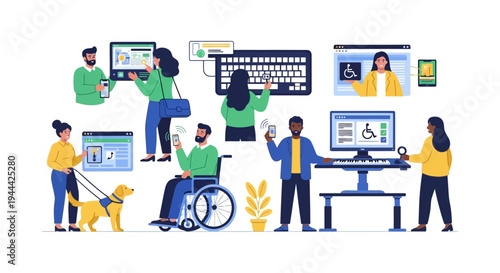 Diverse Individuals Engaging with Digital Technology Featuring Accessibility Tools and Inclusive Design for Users with Disabilities