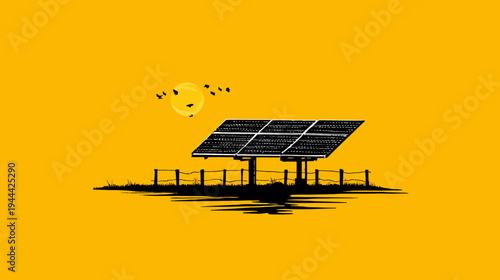 Silhouette artwork showcasing solar panels, a fence, sun, and birds against an orange backdrop