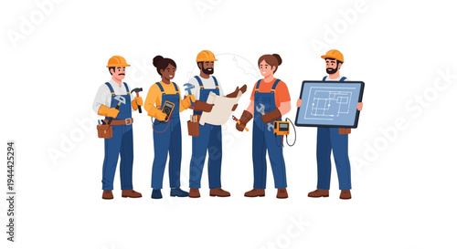 Diverse Team of Skilled Tradespeople and Construction Workers with Tools and Blueprints, Collaborating on a Project, Industrial Professions