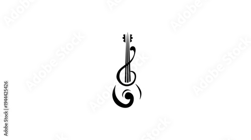 Black graphic of a stylized stringed instrument merged with a treble clef on a white background