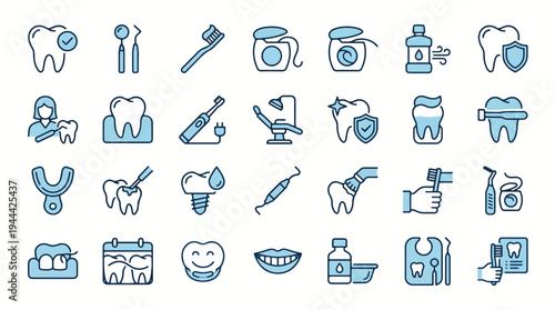 Comprehensive collection of dental care icons featuring teeth, hygiene tools, medical equipment, dentistry symbols, oral health, professional clinic icons, stomatology, surgery, orthodontics, tooth