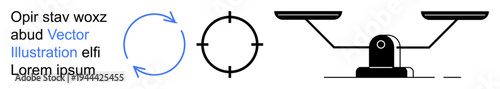 Justice, decision-making, accuracy, workflow, evaluation, balance. A balance scale symbol, circular arrows and a crosshair. Justice and decision-making with balance and precision symbols