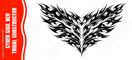 Neo tribal art constructor. Y2k cyber sigil aesthetic tattoo, simmetric ethnic celtic shape. Vector illustration of emo gothic tribal tattoo designs, acid metal music poster.