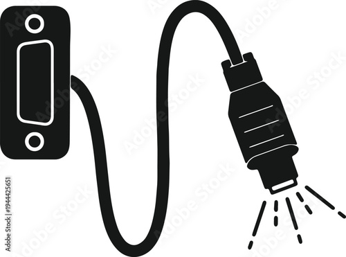 A damaged electric cable with a frayed end and exposed connectors