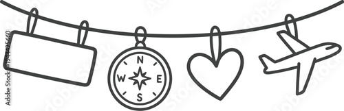 Travel icons hanging on a line with hotel sign and airplane