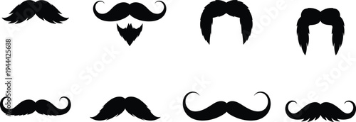 Mustache and Beard Silhouette Icon Set with Vintage Facial Hair Styles and Hairstyles Isolated for Barber Shop Logo, Grooming Design, and Hipster Style