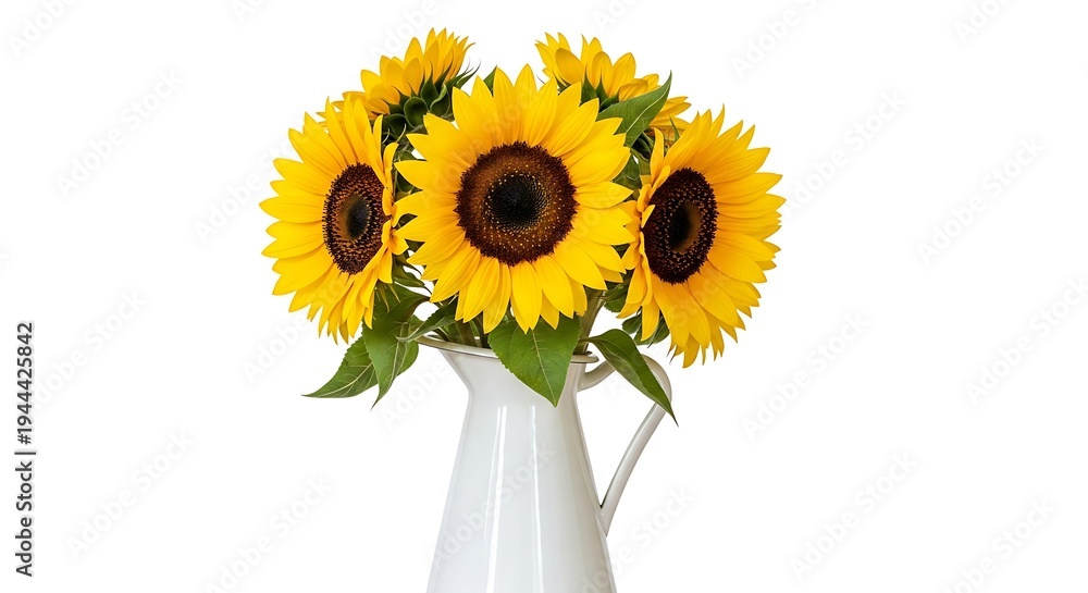 Obraz premium Lush sunflowers featuring bright petals and dark centers in a white pitcher, isolated for versatile seasonal marketing use.