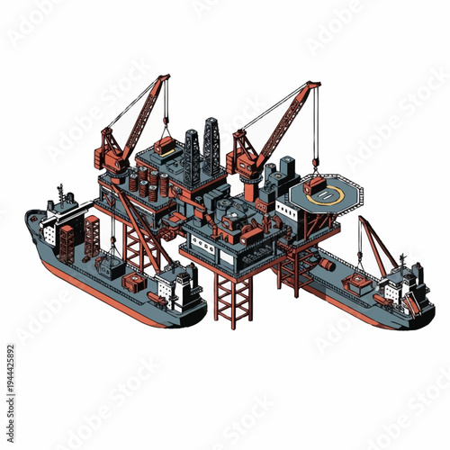 Detailed illustration of an offshore oil rig with support vessels.
