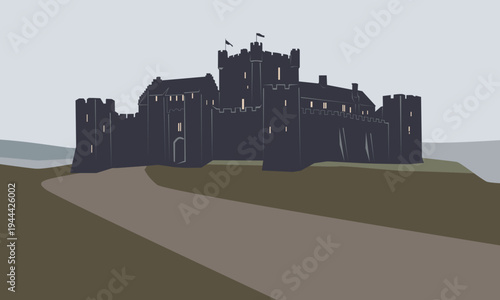 
Medieval castle, Europe. Flat style vector illustration in gray and olive tones for decorating medieval-style views and scenes.
