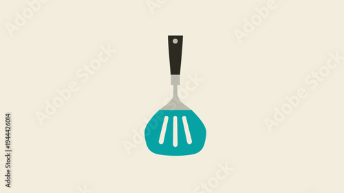 Illustration of a kitchen spatula with a teal, slotted head and black handle on beige