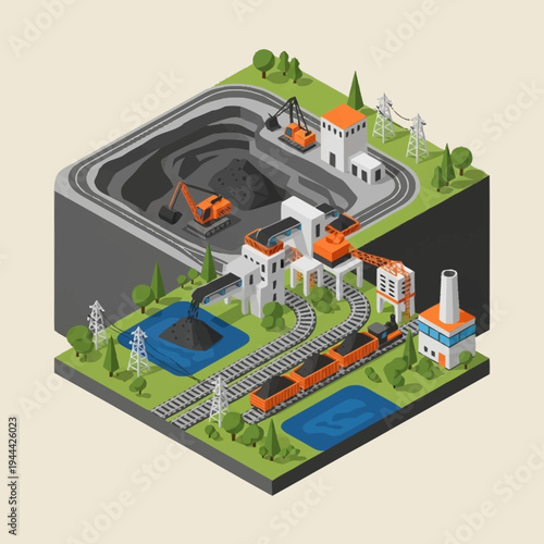 Isometric Coal Mining and Processing Plant with Train Transport.