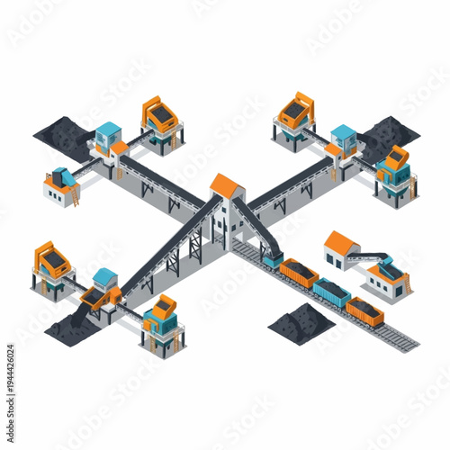 Isometric Coal Mining and Processing Plant with Conveyor Belts and Wagons.