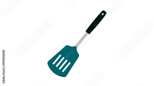 A teal spatula with a black handle, a silver stem, and a white background