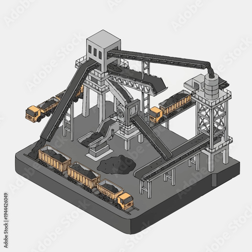 Isometric illustration of a coal mine with trains and conveyor belts.