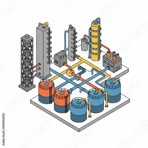 Isometric illustration of a complex industrial chemical plant with tanks and pipes.