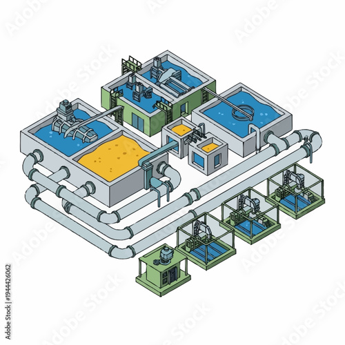 Isometric illustration of a comprehensive water treatment plant system.