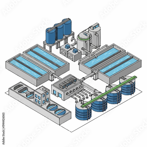Isometric Diagram of a Water Treatment Plant Layout.