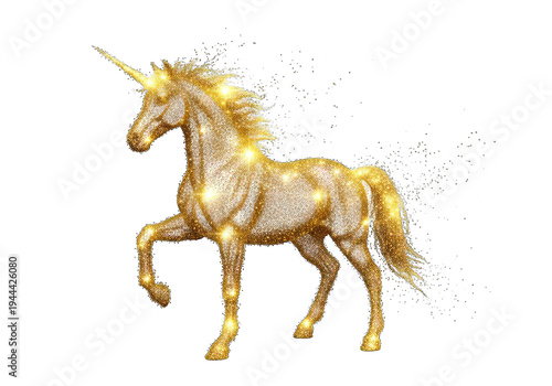 Golden magical unicorn galloping with sparkling mane isolated on transparent background