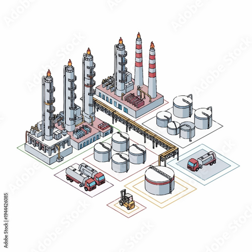 Isometric illustration of a large industrial oil refinery complex.